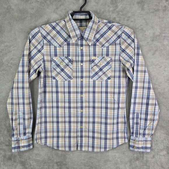 Mens Hollister Co Western Style Tan Blue Plaid Shirt Pearl Snap Button Up Size S - Picture 2 of 9